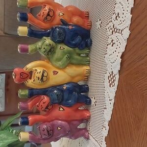 Hand Painted Colorful Happy Cats Ceramic Hanukkah Menorah Candle Holder